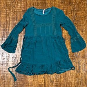 Alya Teal Boho Dress Lace Detail Bell Sleeve | Size Small